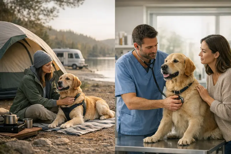 Ein Hund sitzt draußen neben einem Wohnmobil und genießt die Zeit beim Camping mit seinen Besitzern, während sie über Tierarztkosten für die Reise nachdenken.
