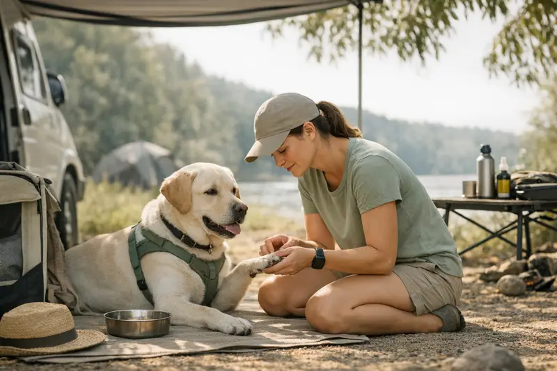 Ein Hund entspannt im Schatten während eines Campingausflugs, um tierärztliche Kosten zu vermeiden.