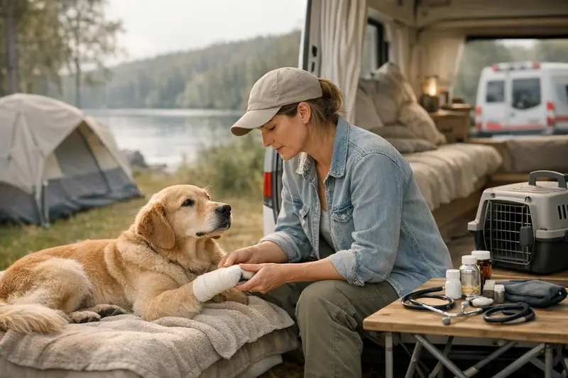 Hunde im Campingurlaub vorbereiten Hund liegt im Campingzelt und schaut nach draußen, während Herrchen die Reiseapotheke vorbereitet.