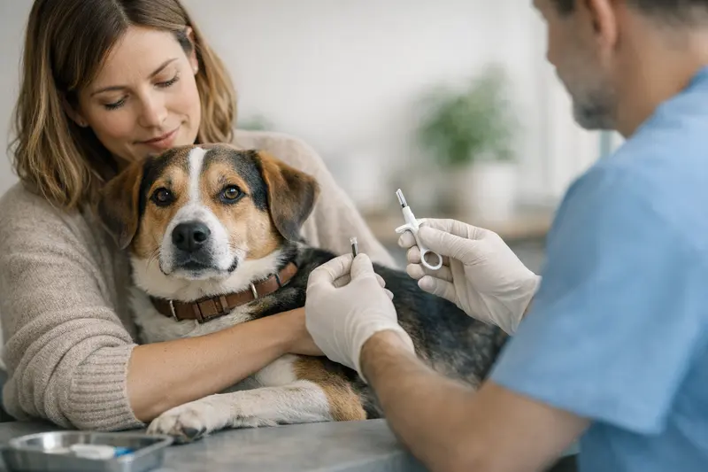 Chip-Kosten bei Hundekrankenversicherungen Ein Hund, der beim Tierarzt zur Chip-Implantation vorbereitet wird, verdeutlicht die Kostenübernahme durch eine Hundekrankenversicherung.