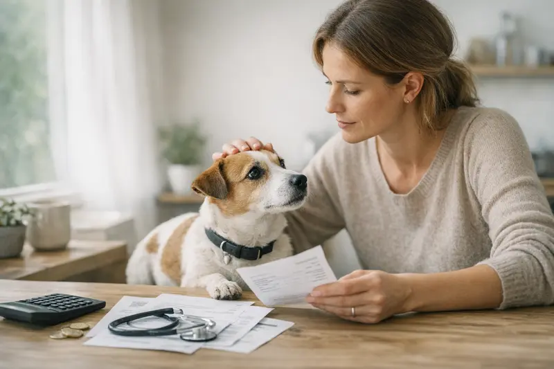 Selbstbeteiligung bei Hundekrankenversicherungen Ein Hund wartet beim Tierarzt, während die Kosten für die Behandlung besprochen werden.