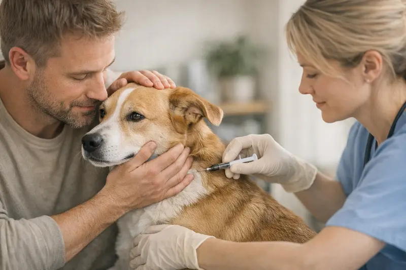 Ein Tierarzt implantiert einem Hund einen Mikrochip in einer ruhigen und sicheren Umgebung.