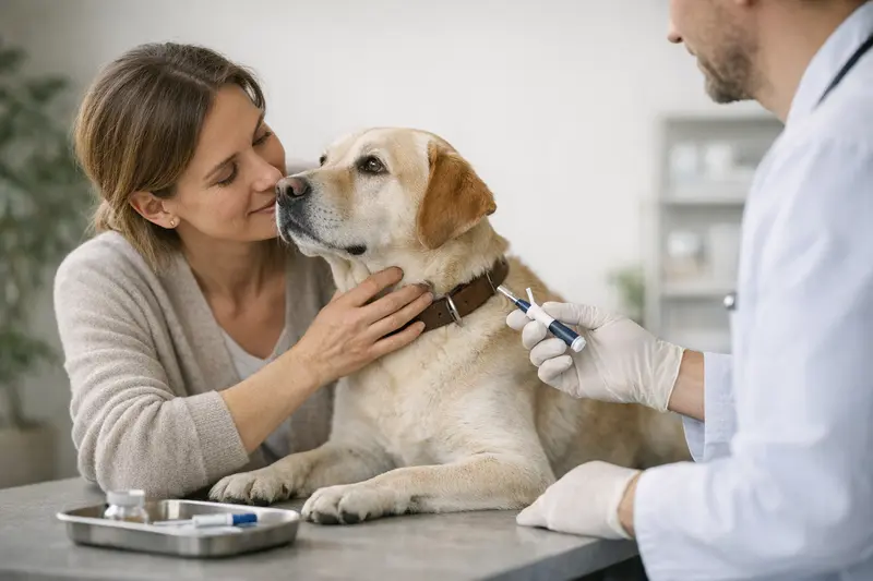 Ein Hundebesitzer lässt seinen Hund chippen, während ein Tierarzt die notwendigen Schritte erklärt.