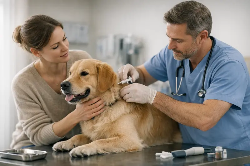 Tierarzt beim Chippen eines Hundes Ein Tierarzt scannt den Mikrochip eines Hundes zur Registrierung.