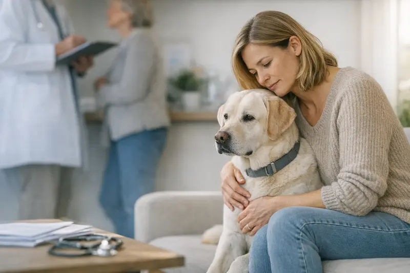 Hundehalter bespricht mit Tierarzt mögliche Vorerkrankungen und Wartezeiten für die Tierkrankenversicherung.