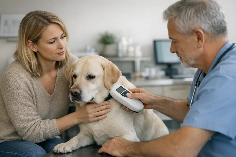 Ein gut aufgestellter Hund mit einem Chipsymbol, das auf die Wichtigkeit der Registrierung hinweist