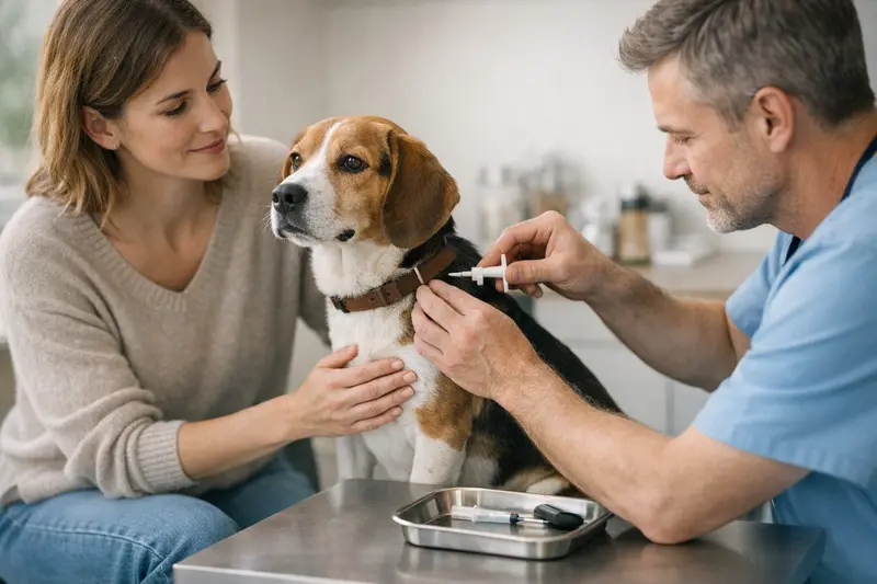 Ein Tierarzt untersucht einen Hund, der frisch gechippt wurde.