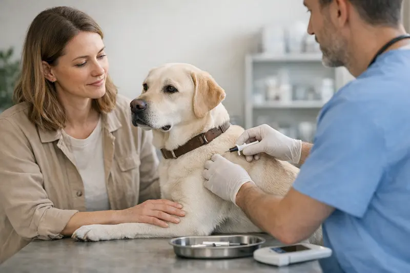 Ein Tierarzt chippt einen Hund und erklärt die Registrierung der Tiergesundheit.