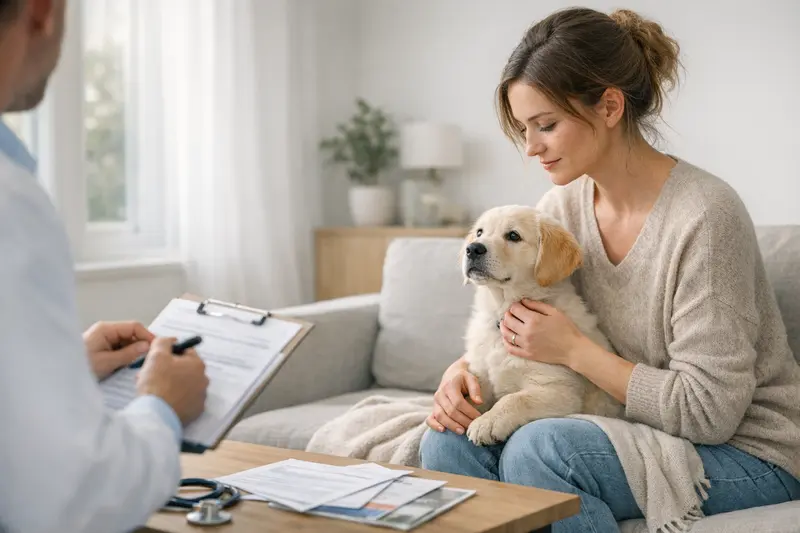 Ein glücklicher Welpe mit einem Tierarzt, der die Bedeutung der Hundeabsicherung erklärt.