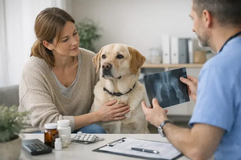 Wichtige Tarifunterschiede bei Hundeversicherungen Ein glücklicher Hund mit einem Tierarzt, der den Hund untersucht und Informationen über die Hundeversicherung bereitstellt.
