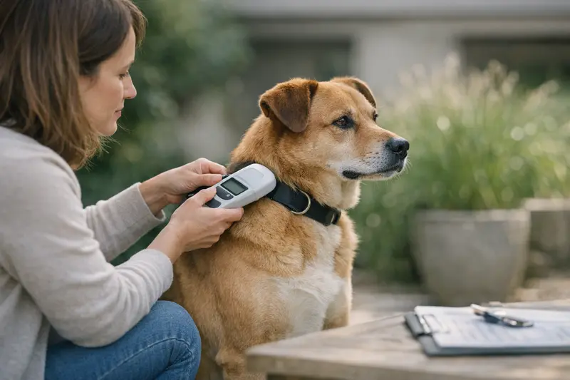 Mikrochip Hund Ortung Ein Hund mit einem Mikrochip, der die Identifikation ermöglicht, aber nicht zur Ortung dient.