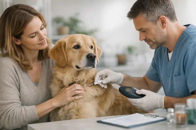 Kosten für das Chippen eines Hundes Ein Hundebesitzer bringt seinen Hund zum Chippen beim Tierarzt.