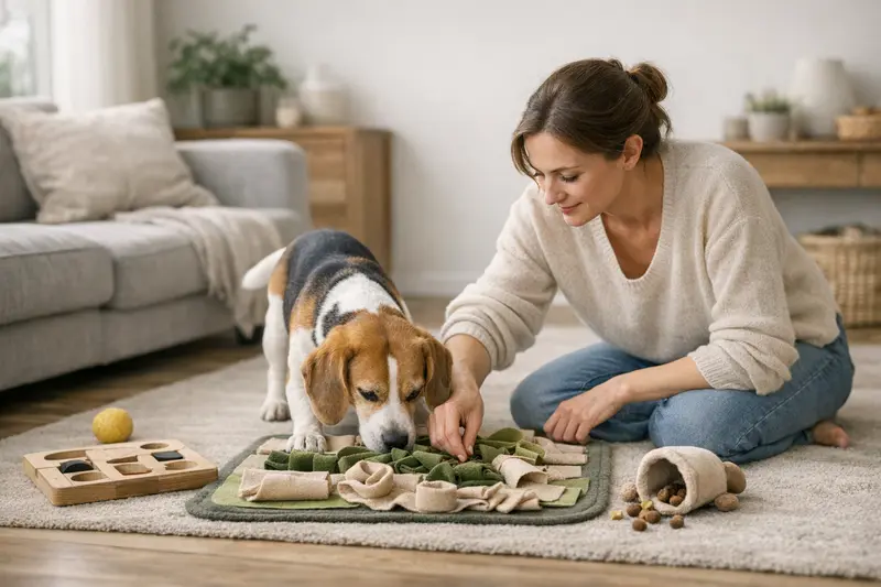Hunde spielen mit einem Denkspiel in einem gemütlichen Wohnzimmer.