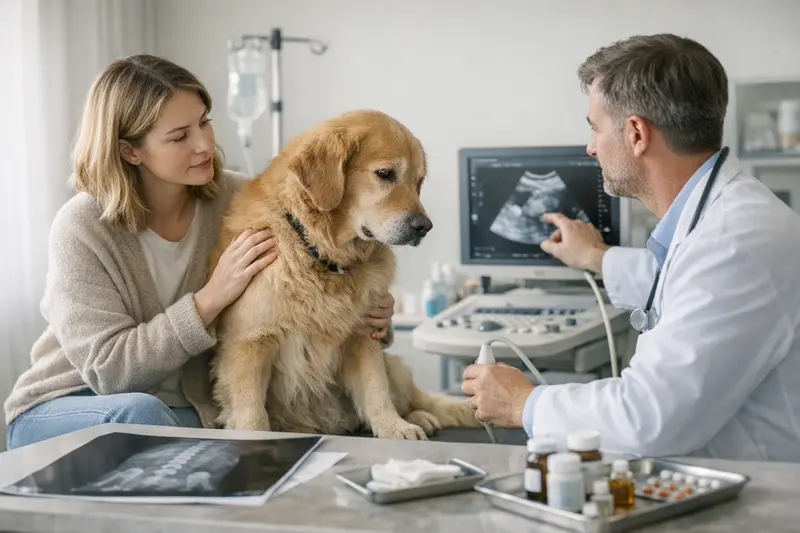 Ein Hund wird von einem Tierarzt untersucht, um Magen-Darm-Probleme zu diagnostizieren.