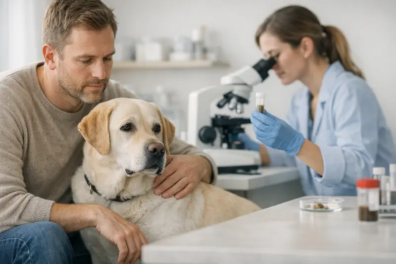 Laboruntersuchungen bei Hundekrankenversicherung Tierarzt untersucht einen Hund und erklärt Laboruntersuchungen für Kotproben.
