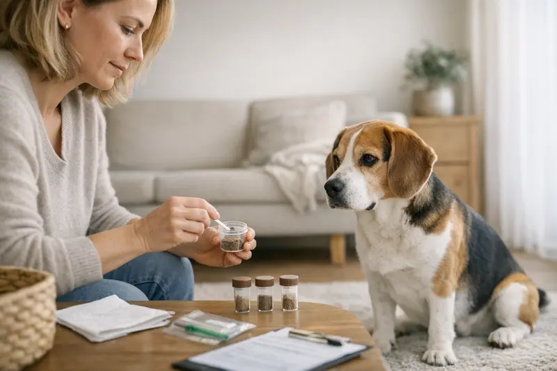 Ein Hund wird mit einer Sammelkotprobe zur Untersuchung beim Tierarzt vorbereitet.