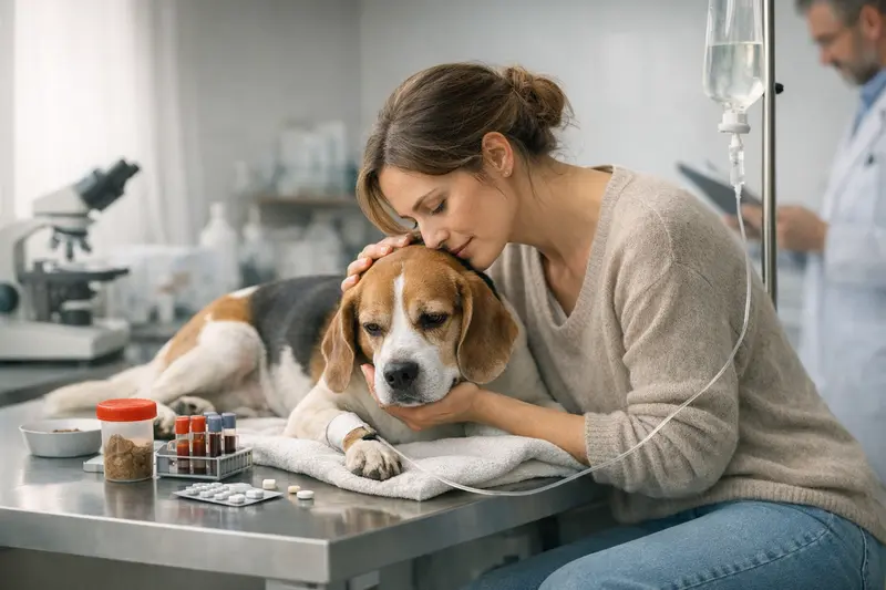 Hundekotprobe beim Tierarzt Ein Hundebesitzer beim Tierarzt mit seinem Hund, der eine Kotprobe für die Untersuchung abgibt.