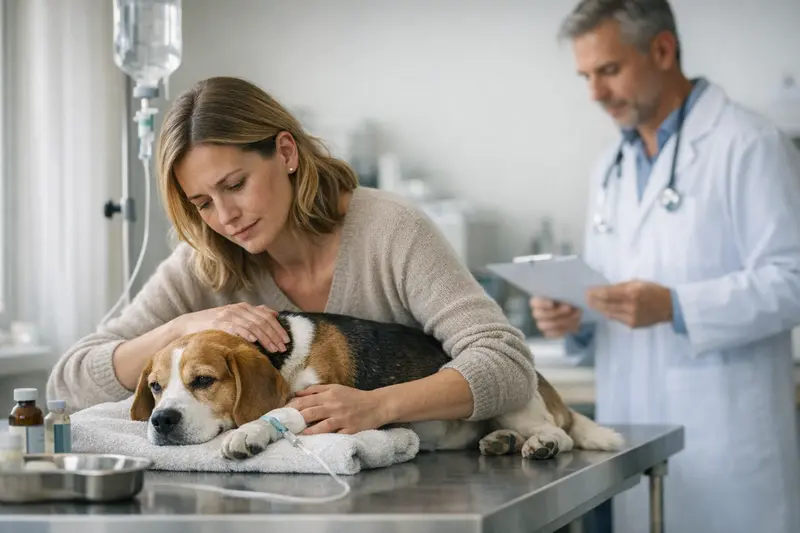 Tierarztbesuch bei Magen-Darm-Problemen Hund beim Tierarzt zur Untersuchung bei Magen-Darm-Problemen.