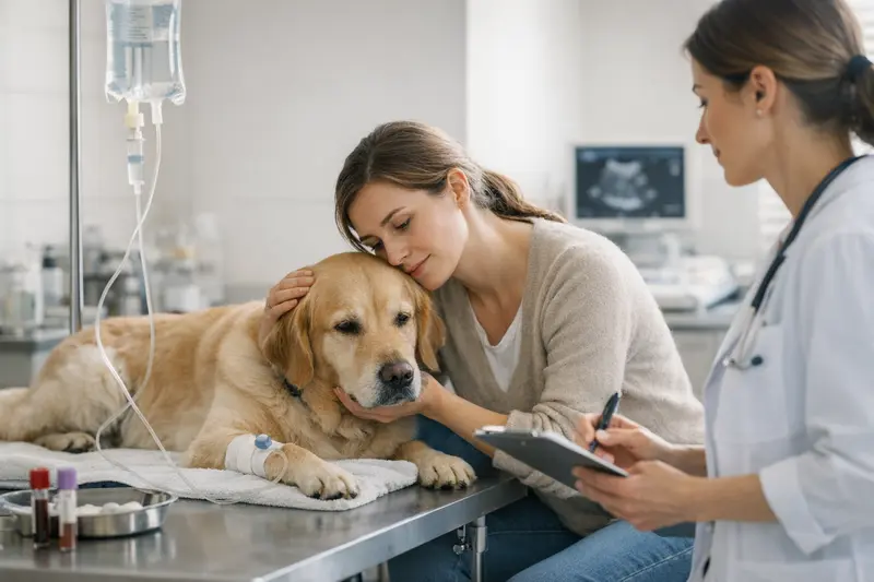 Tierarztbesuch und Versicherungsfragen zu Laborleistungen Tierarzt untersucht einen Hund auf mögliche Laborergebnisse, während der Besitzer Fragen zur Versicherung stellt.