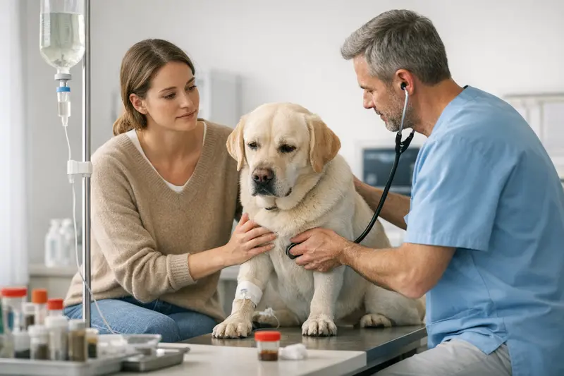 Der Tierarzt untersucht einen Hund mit Durchfall während einer klinischen Untersuchung.