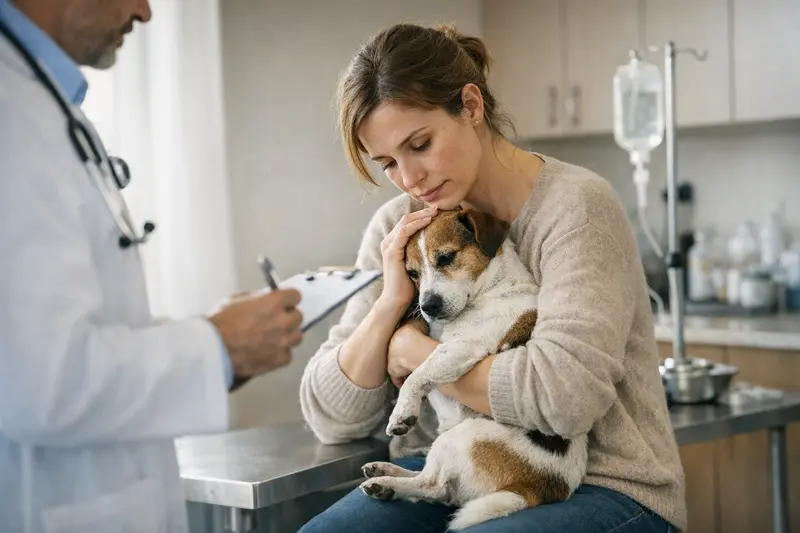 Ein Hundehalter beobachtet aufmerksam seinen Hund auf Anzeichen eines Notfalls, wie unerwarteten Durchfall oder Erbrechen.