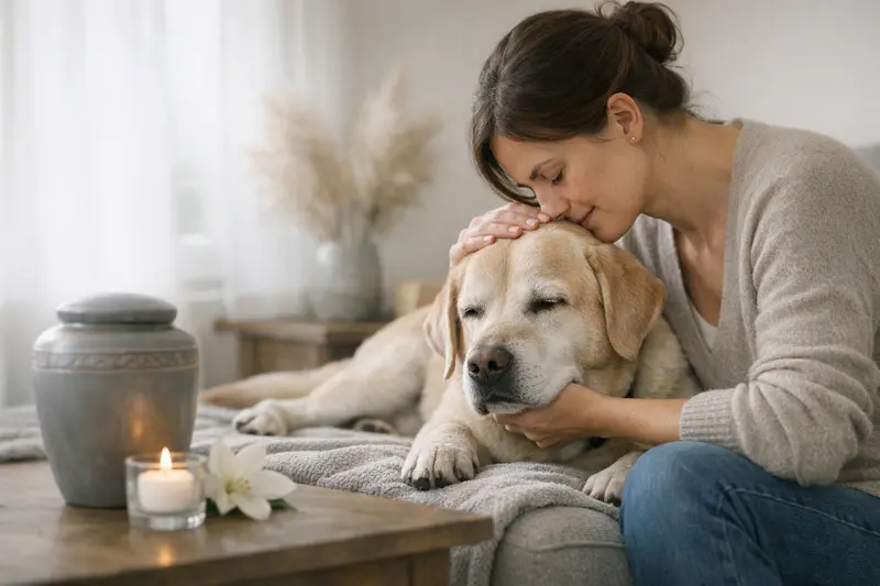 Ein Hund mit einem Tierarzt, der über Kremierung und Urnen spricht.