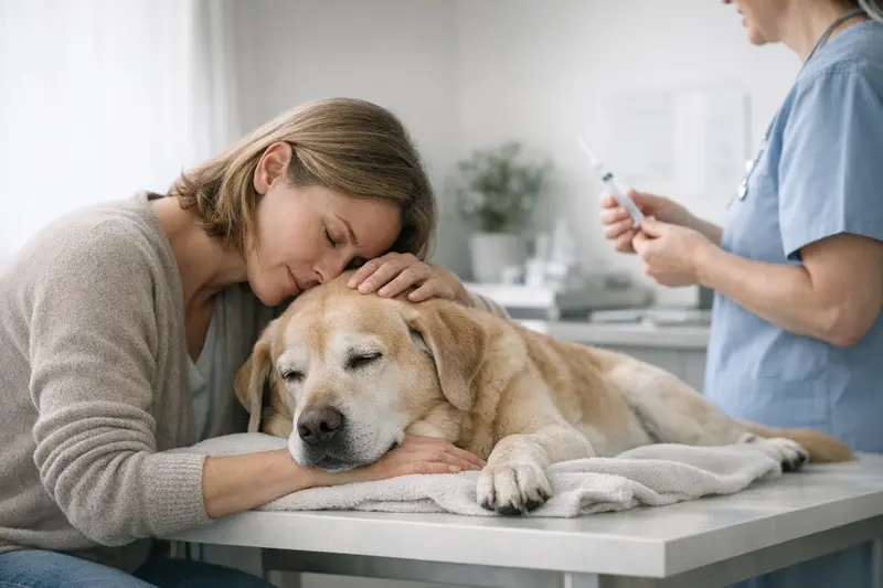 Ein Tierarzt erklärt einem Hundebesitzer die Optionen für die Einschläferung seines Hundes.