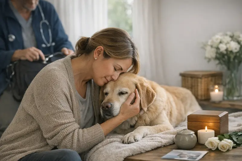 Zusätzliche Kosten bei der Tierarztbehandlung für Hunde Ein Hund beim Tierarzt, der eine Behandlung erhält, während die Tierärztin verschiedene Kosten erläutert.