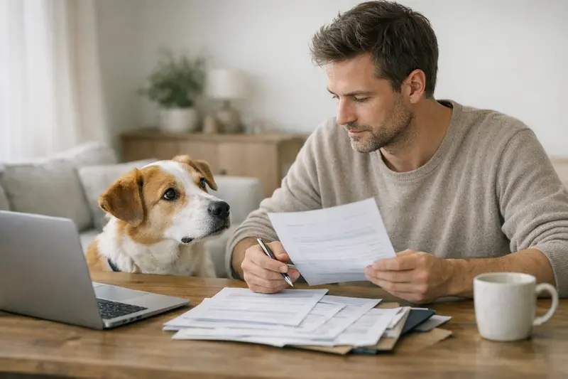 Tarifvergleich Haustierversicherung Hund bei der Untersuchung durch einen Tierarzt, während wichtige Versicherungsaspekte besprochen werden.