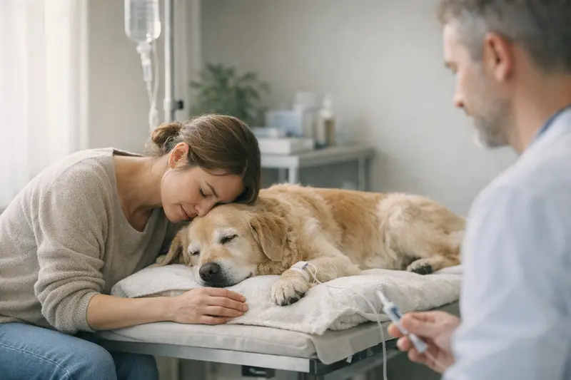 Hund, der beim Tierarzt behandelt wird und Informationen über OP-Versicherung erhält