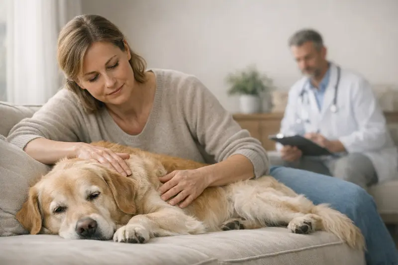 Ein Hund wird sanft durch eine stressarme Berührung beruhigt, um positive Kooperation zu fördern.