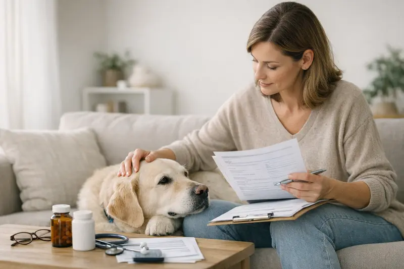 Eine Katze und ein Hund miteinander spielen, während im Hintergrund Informationen zu Tarifvergleichen für Tierkrankenversicherungen sichtbar sind.