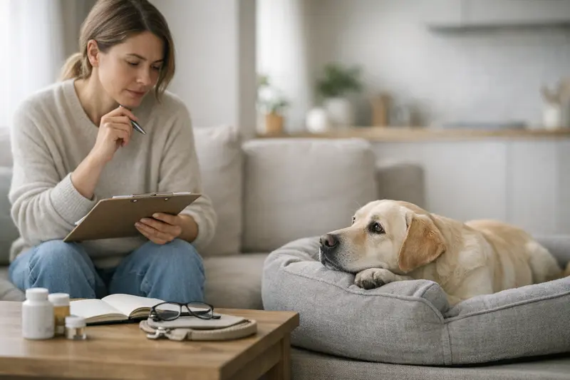 Hundeversicherung Abschlusszeitpunkt Ein glücklicher Hund mit seinem Besitzer, der über die Bedeutung des richtigen Abschlusszeitpunkts einer Hundeversicherung nachdenkt.