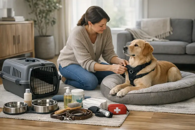 Erstausstattung Hund: Schlafplatz und Zubehör Ein gut eingerichteter Schlafplatz für einen Hund mit Näpfen und einem Halsband
