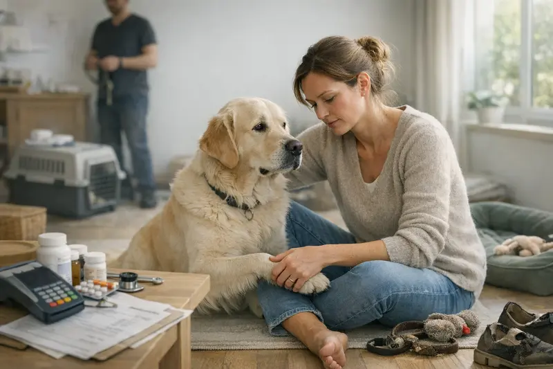 Tierarztbesuch mit einem neuen Hund Ein glücklicher Hund mit seiner Besitzerin beim Tierarzt zur Gesundheitsuntersuchung.