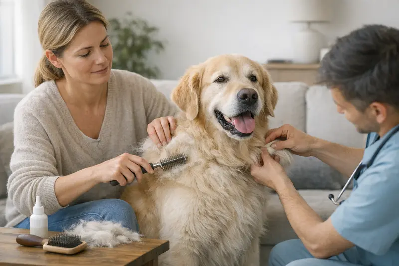 Hunde Fellpflege während des Fellwechsels Ein Hund erhält während des Fellwechsels eine schonende Pflege mit geeigneten Tools.