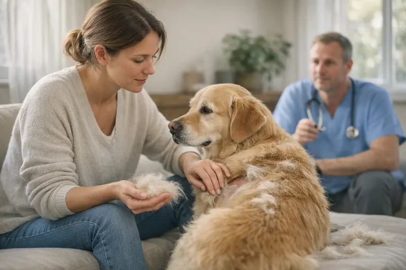 Fellwechsel bei Hunden Ein Hund während des Fellwechsels im Freien mit gesunder Haut