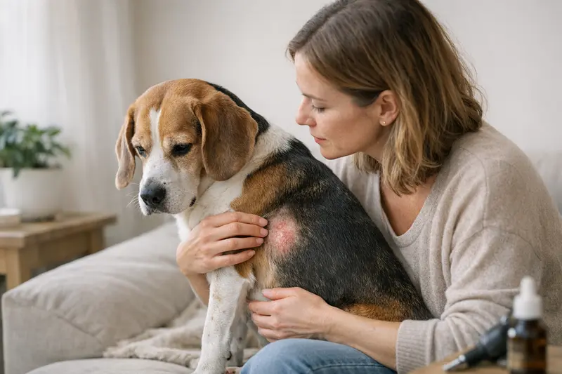 Anzeichen für Haarverlust bei Hunden Ein Hund mit dünner werdendem Fell, der sich am Kopf kratzt und Anzeichen von Hautirritationen zeigt.