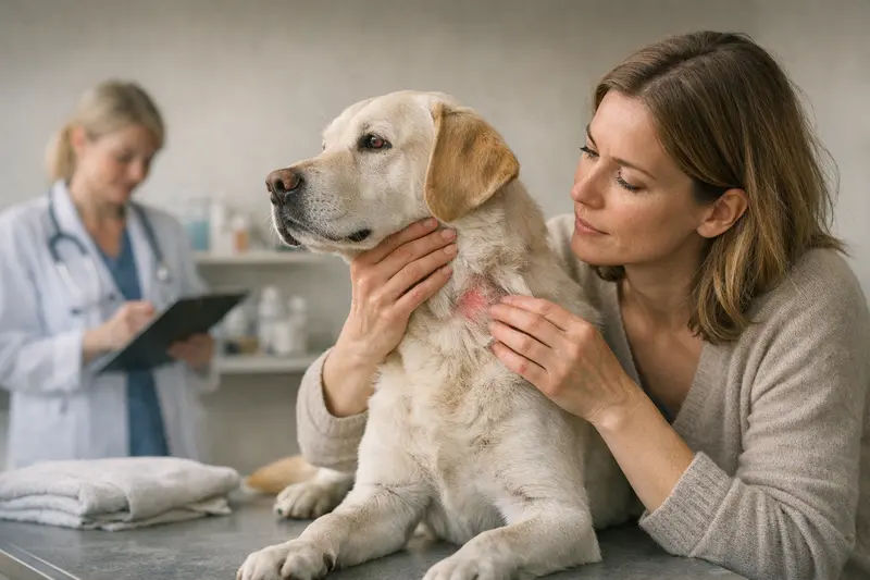 Tierarztuntersuchung bei Hautproblemen Ein Hund lässt sich beim Tierarzt untersuchen, um Allergien und Hautentzündungen abzuklären.