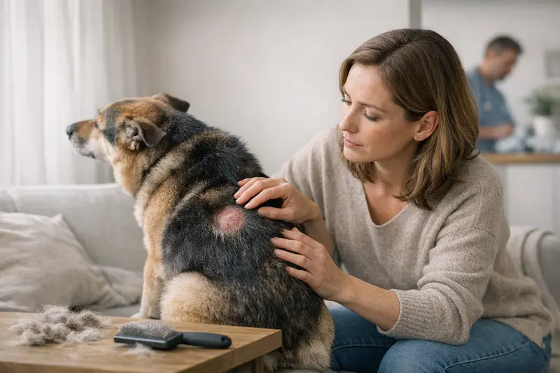 Hunde im Fellwechsel Hunderasse mit Unterwolle während des Fellwechsels in einem grünen Garten.