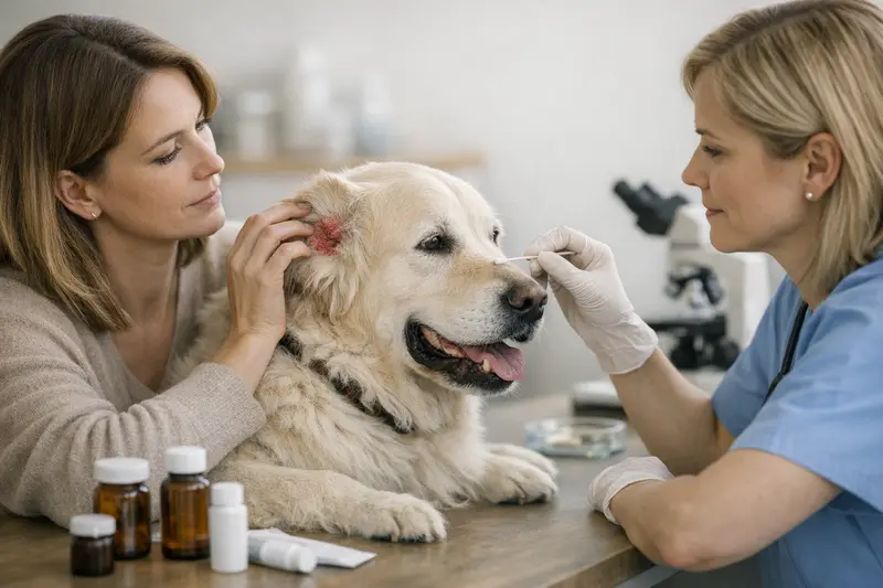 Tierarztkosten bei Hautproblemen Hund Tierarzt untersucht einen Hund mit Hautproblemen während des Fellwechsels.