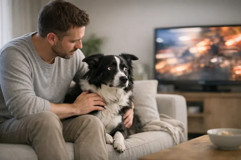 Hund und Fernsehen – Risiken und Stress Ein entspannter Hund schaut gebannt auf den Fernseher, während dazu passende Geräusche zu hören sind.