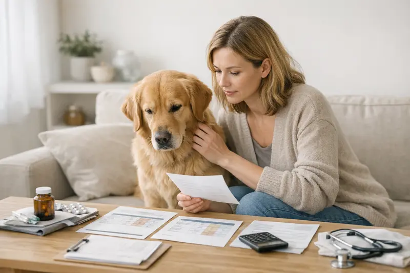 Ein Hundebesitzer bespricht wichtige Aspekte der Hundeverversicherung mit einem Tierarzt.