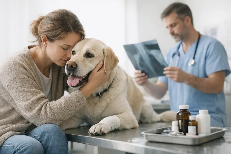 Tierarztkosten durch Stressreaktionen bei Hunden Ein gestresster Hund beim Tierarzt, der untersucht wird, um mögliche Stressreaktionen zu analysieren.