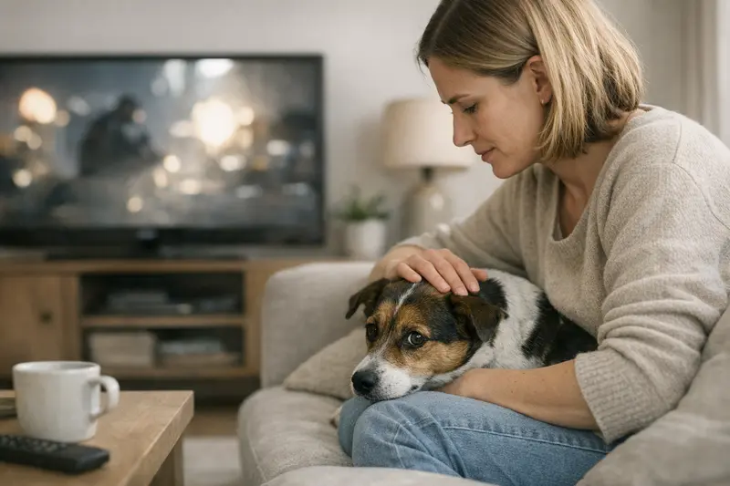 Stressanzeichen bei Hunden während des Fernsehens Ein Hund zeigt Anzeichen von Stress beim Fernsehen, wie Hecheln und Zittern.
