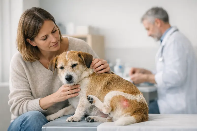 Notwendigkeit der tierärztlichen Untersuchung bei Flohbefall Ein Hund mit Flöhen, der sich am Körper kratzt, symbolisiert die Wichtigkeit einer tierärztlichen Untersuchung.
