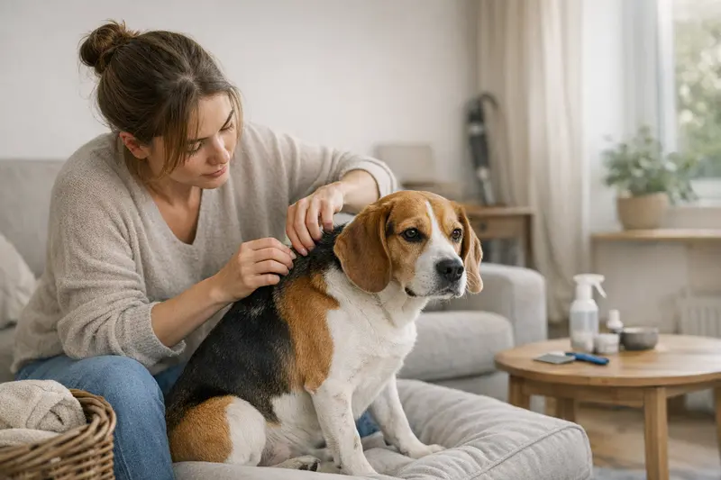 Hunde und Flohbehandlung Ein Hund, der im Gras liegt und mit einem Flohkamm behandelt wird, während sein Besitzer aufmerksam beobachtet.