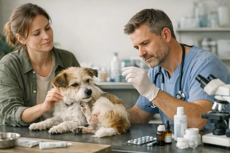 Flohbefall beim Hund Hunde spielen im Freien, während ein Tierarzt die Flohbehandlung demonstriert.