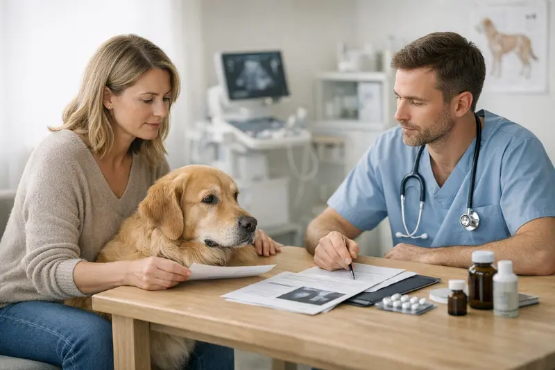 Tarifvergleich Hundversicherung Ein Hund beim Tierarztgespräch über Versicherungstarife.