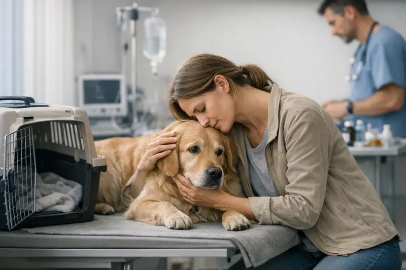 Hund auf Reise in Transportbox Ein Hund sitzt in einer Transportbox auf einer Reise, bereit zum Tierarztbesuch.